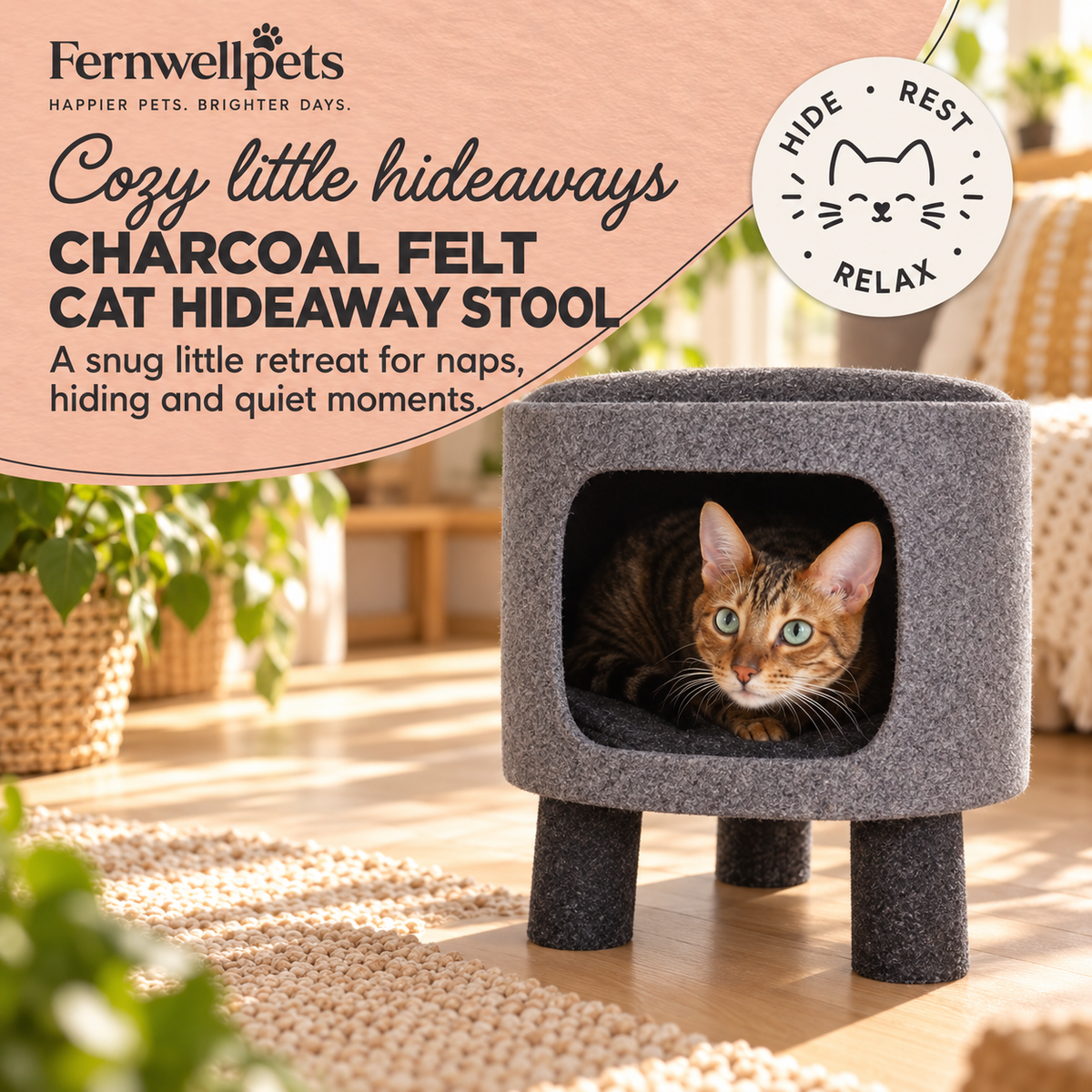 Charcoal Felt Cat Hideaway Stool hero image in fernwellpets peach theme