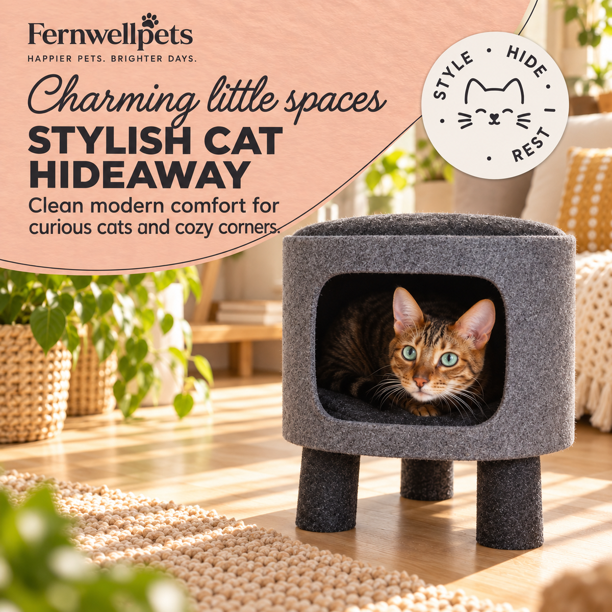 Charcoal Felt Cat Hideaway Stool warm home lifestyle image