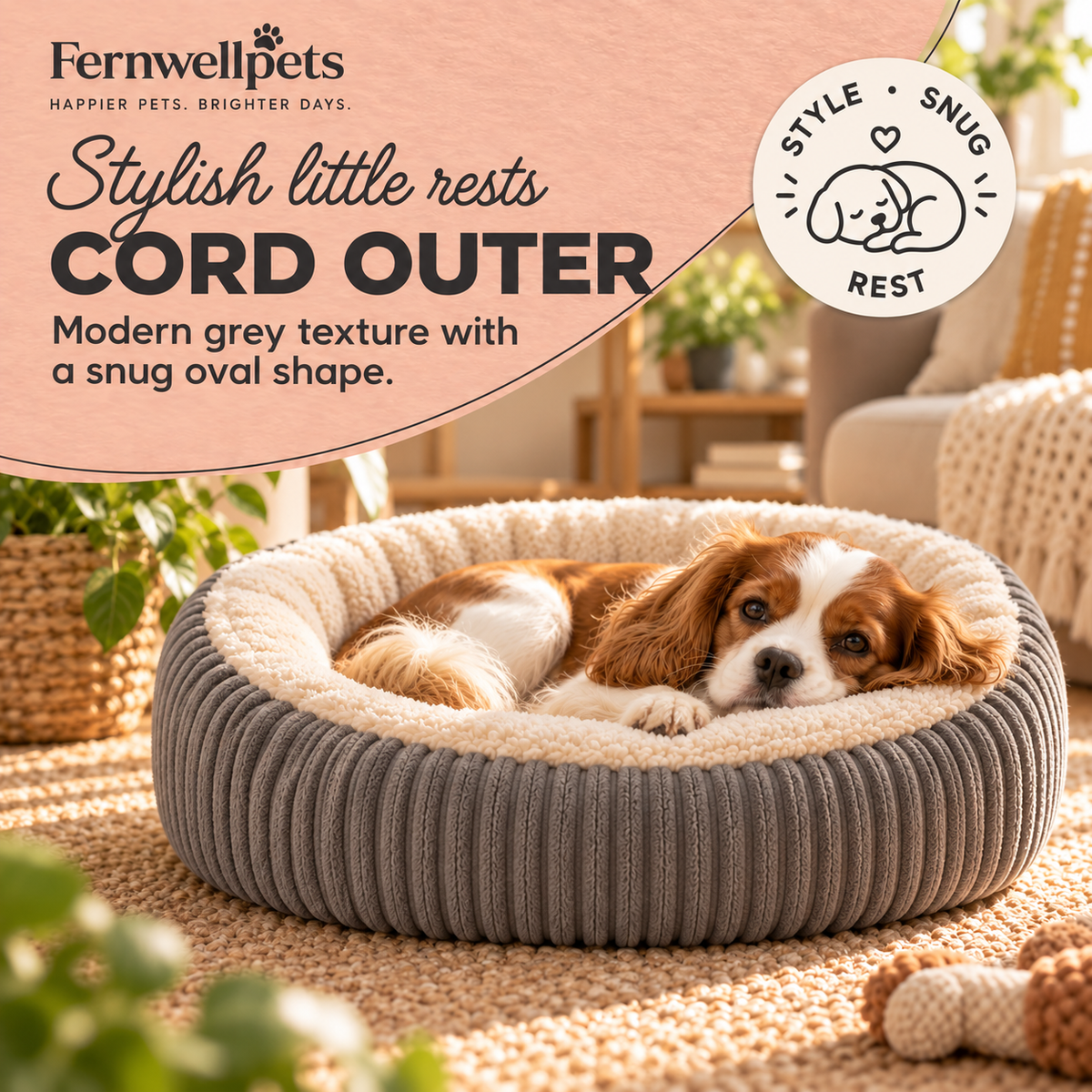 CordNest Plush Oval Bed Medium grey cord outer