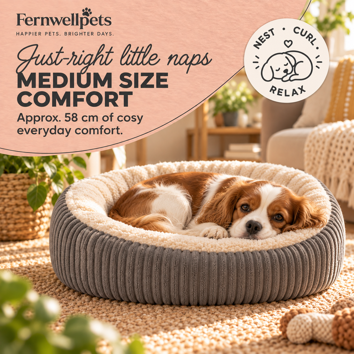 CordNest Plush Oval Bed Medium size guide approximately 58 centimetres