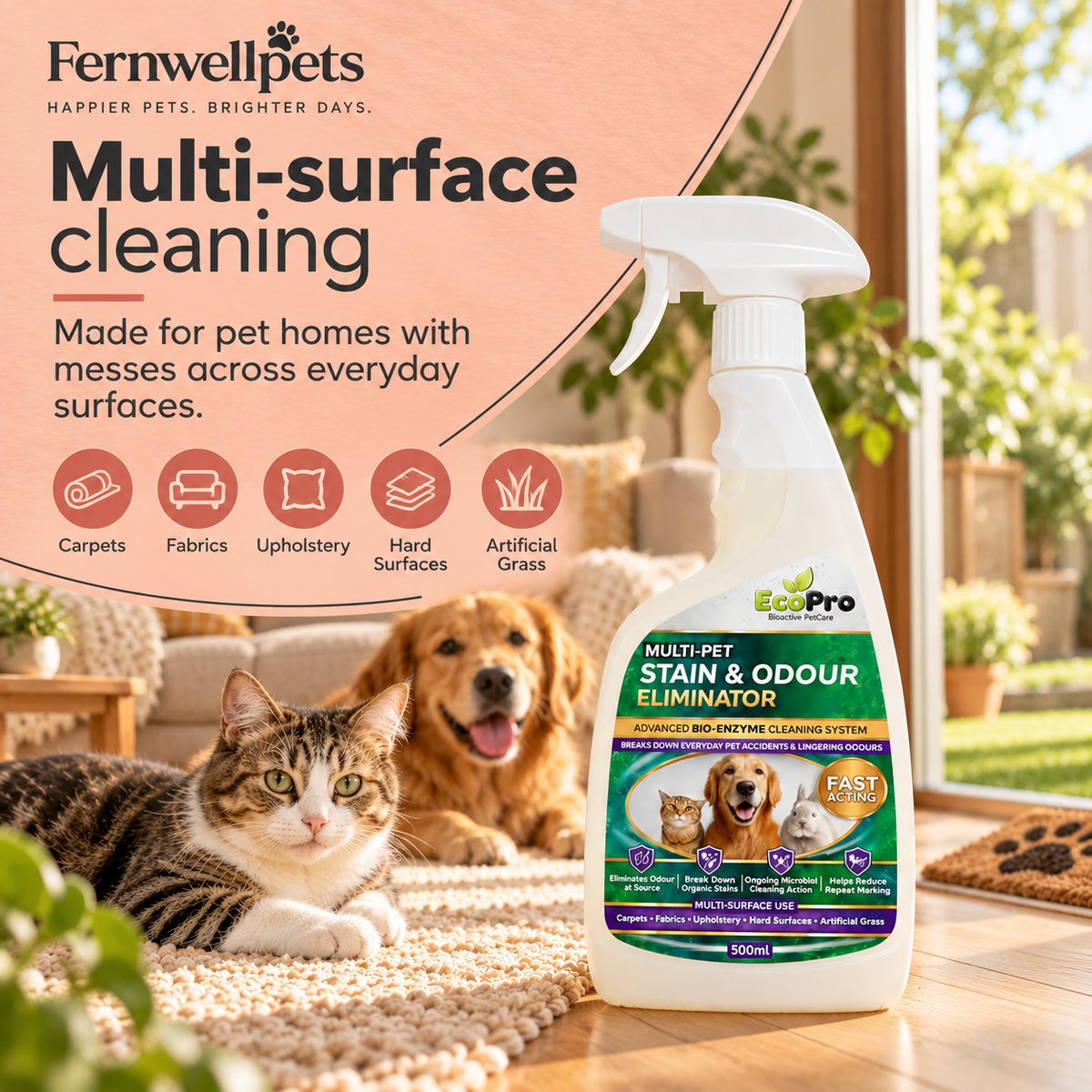 EcoPro Multi-Pet Stain & Odour Eliminator – 500ml multi-surface cleaning image