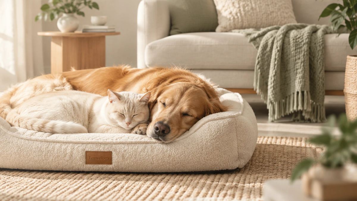 Fernwellpets dog and cat resting together in a warm, sunlit living room