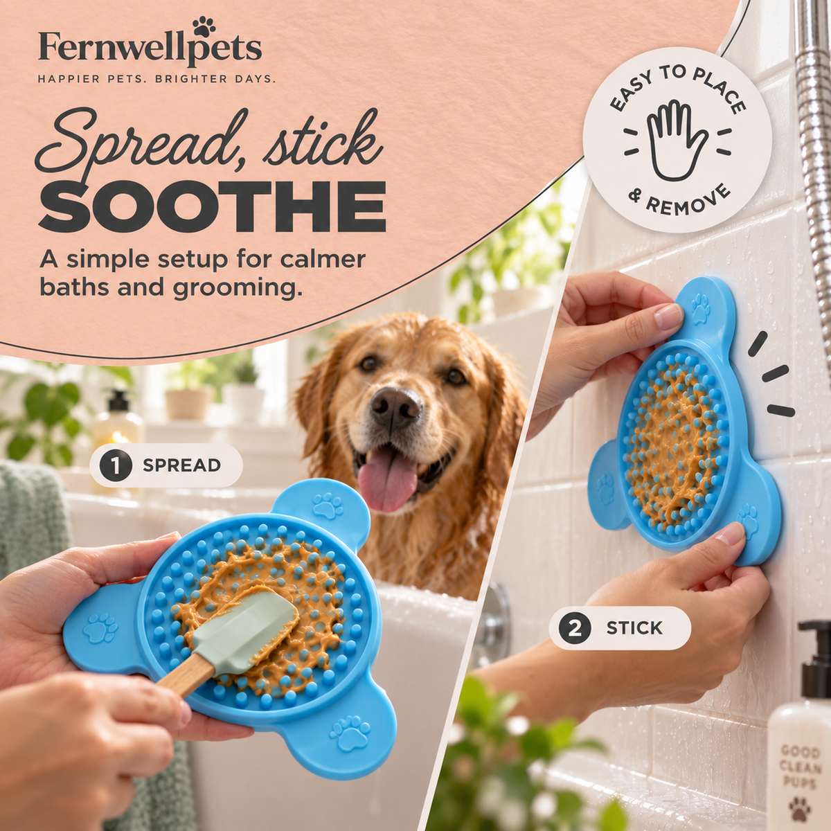 Fernwellpets Bathside Calm Lick Mat spread and stick setup