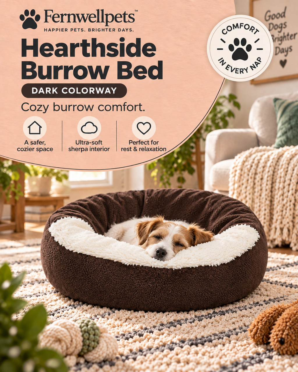 Fernwellpets Hearthside Burrow Bed in Dark Chocolate