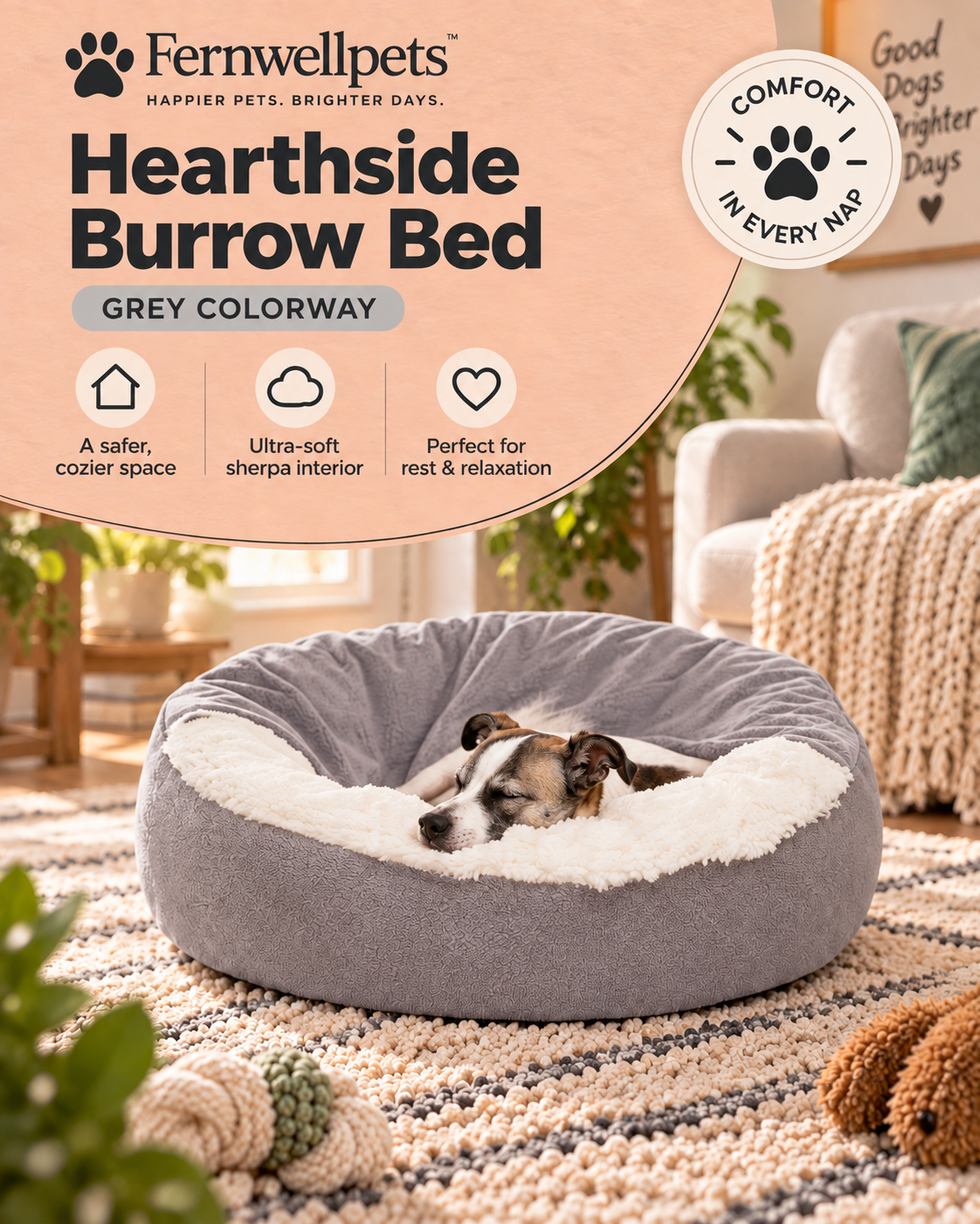 Fernwellpets Hearthside Burrow Bed in Grey