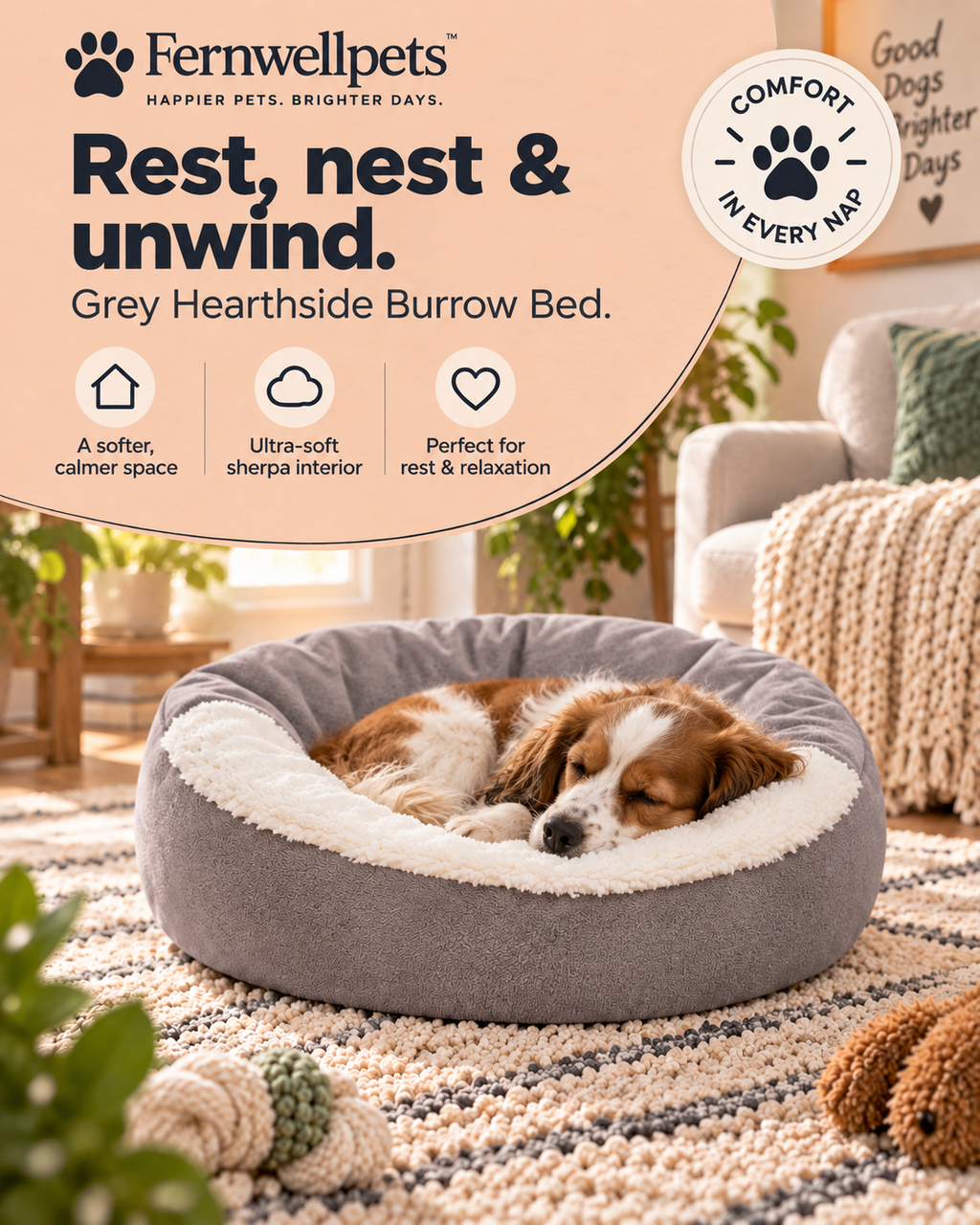 Fernwellpets Hearthside Burrow Bed Grey lifestyle