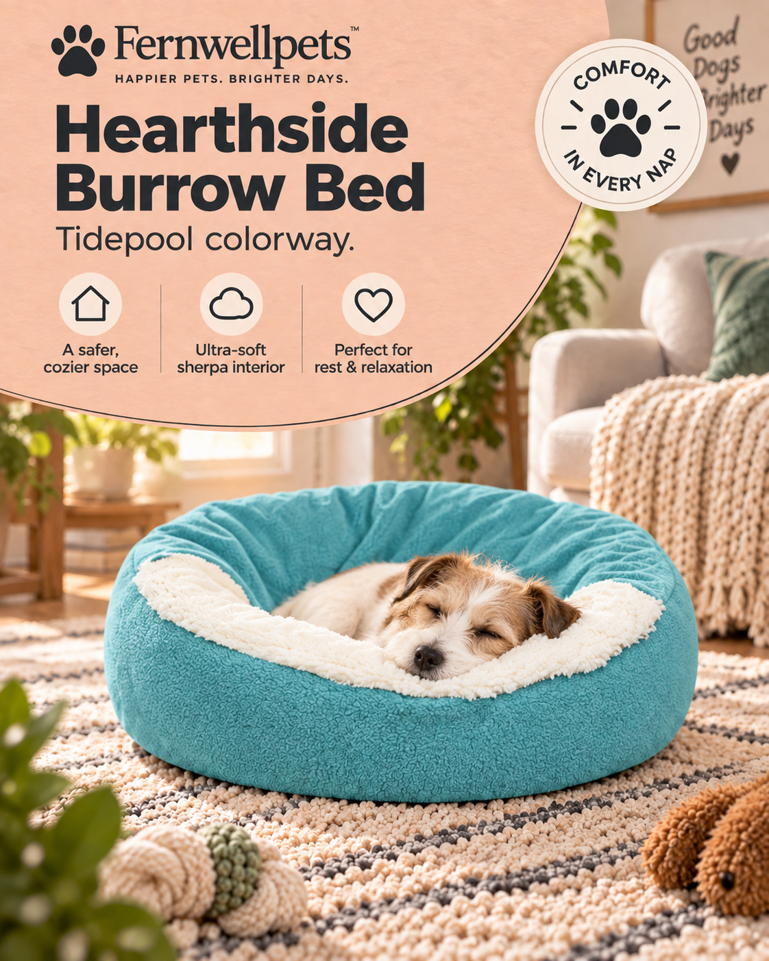Fernwellpets Hearthside Burrow Bed in Tidepool