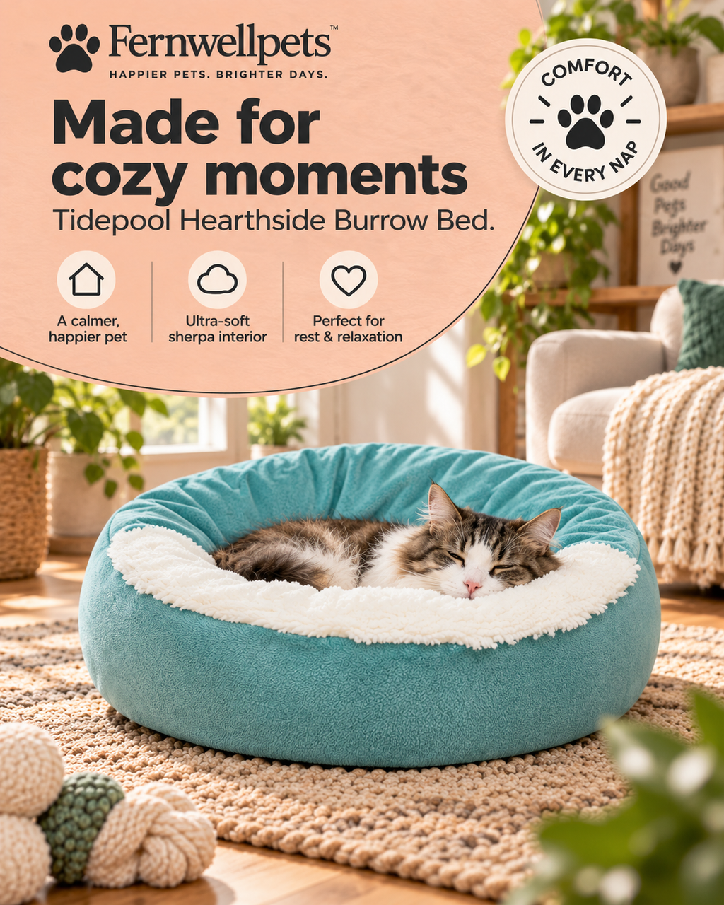 Fernwellpets Hearthside Burrow Bed Tidepool lifestyle