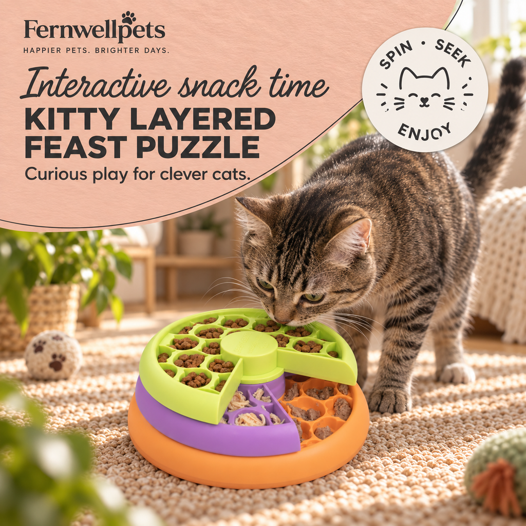 Adult cat using the Fernwellpets Kitty Layered Feast Puzzle Feeder
