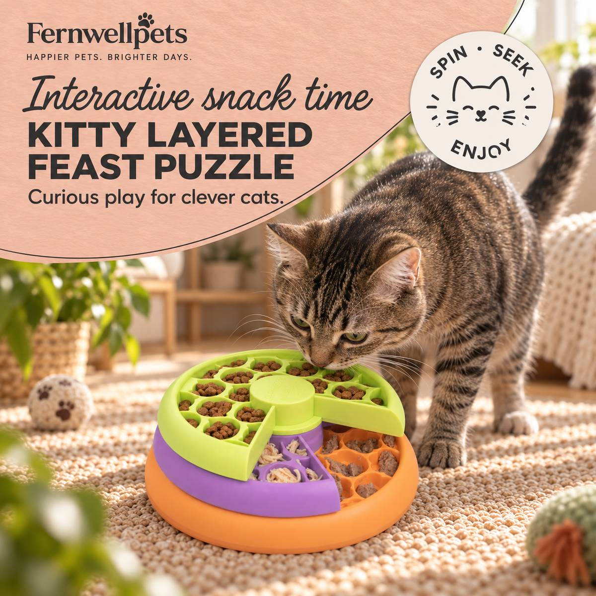 Adult cat using the Fernwellpets Kitty Layered Feast Puzzle Feeder