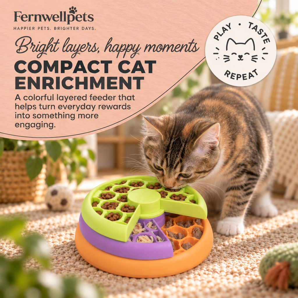 Compact cat enrichment with the Fernwellpets Kitty Layered Feast Puzzle Feeder