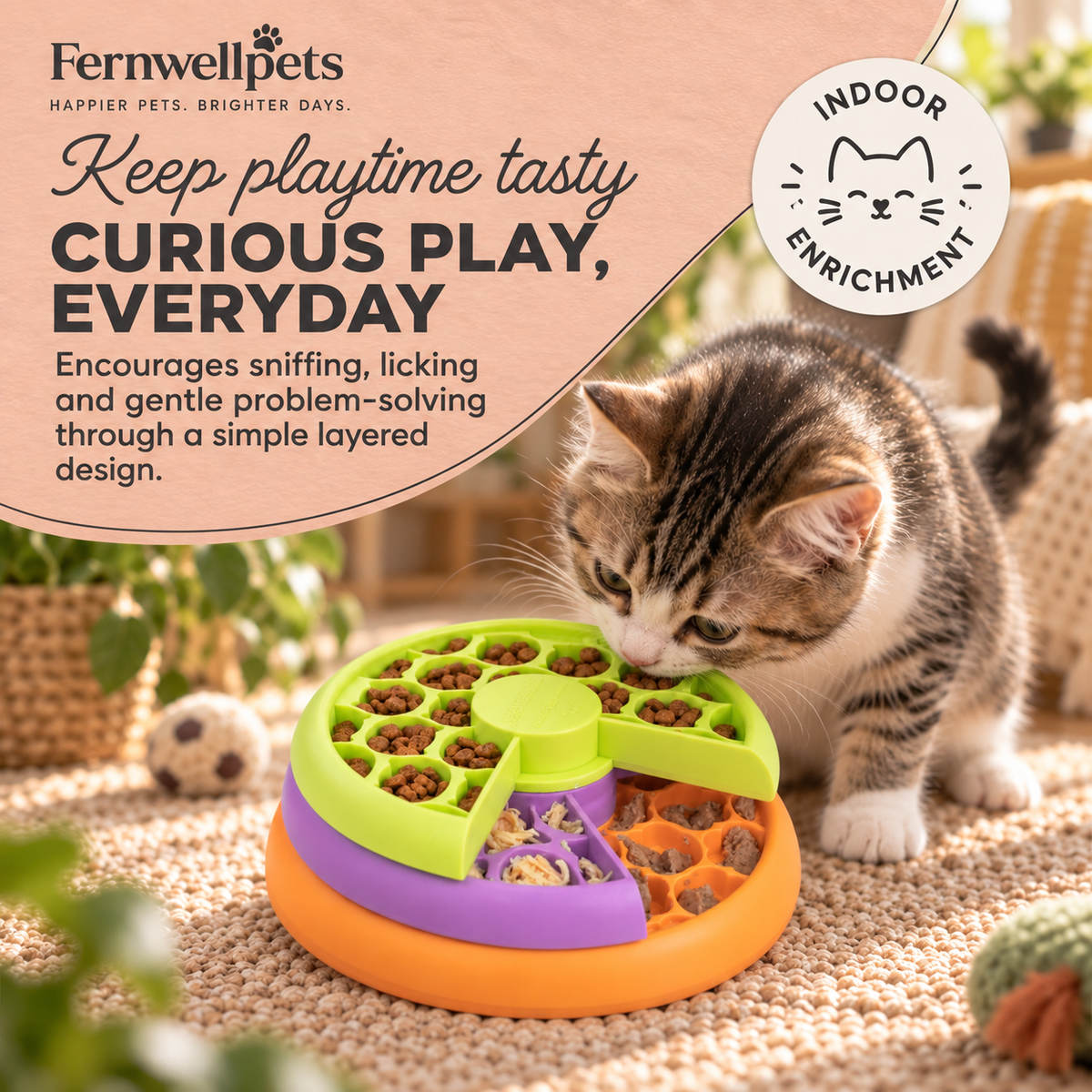 Indoor enrichment benefits of the Fernwellpets Kitty Layered Feast Puzzle Feeder