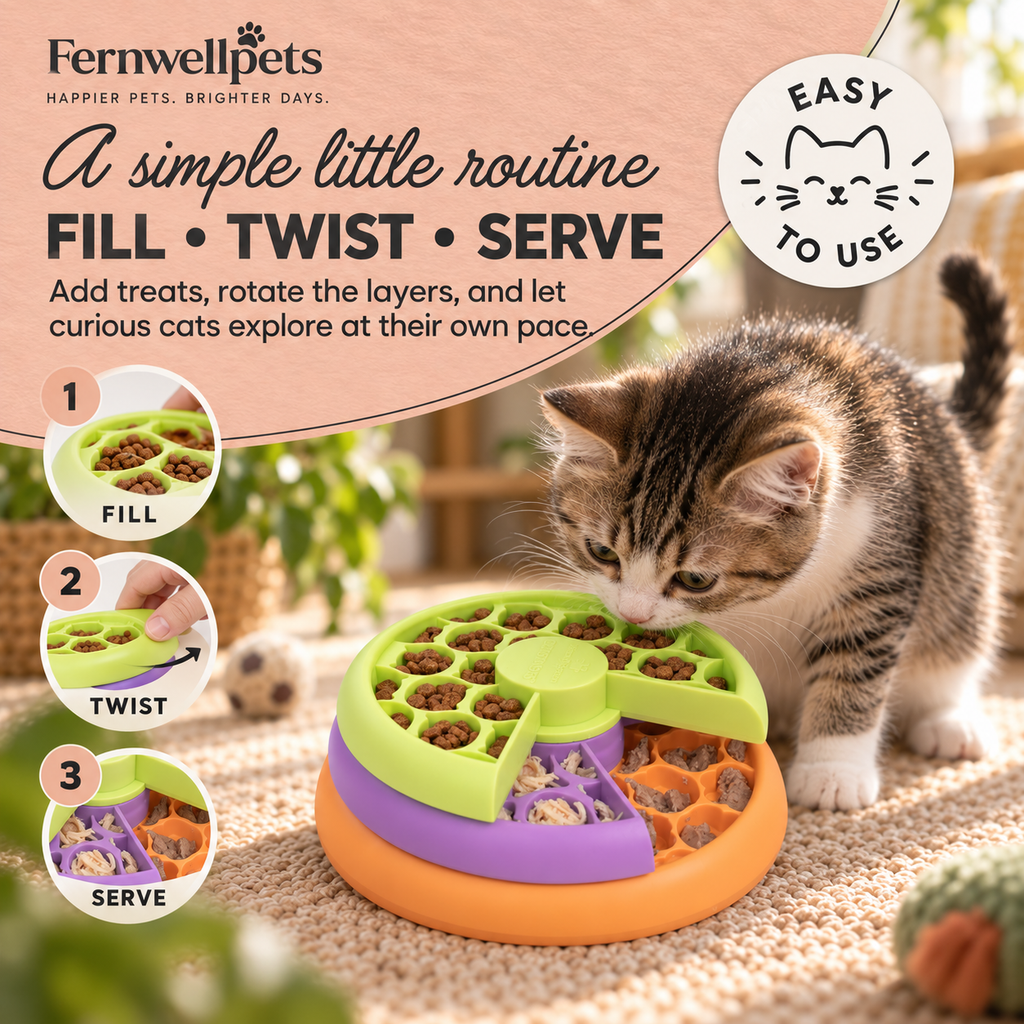 Fill twist and serve guide for the Fernwellpets Kitty Layered Feast Puzzle Feeder