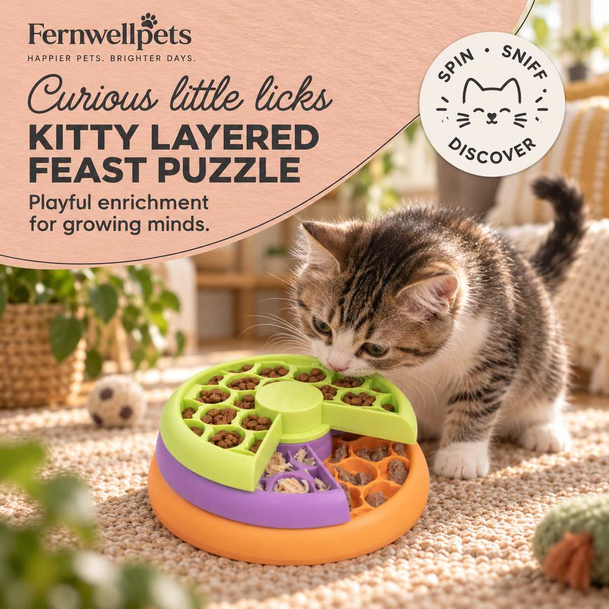 Fernwellpets Kitty Layered Feast Puzzle Feeder with kitten