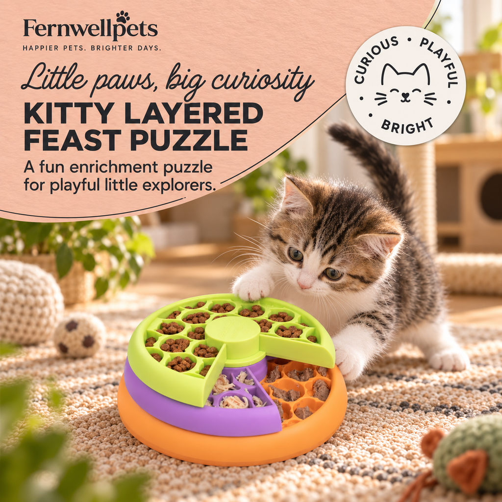 Kitten playing with the Fernwellpets Kitty Layered Feast Puzzle Feeder