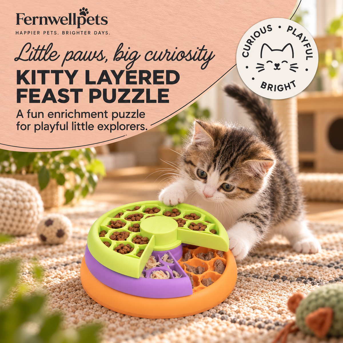 Kitten playing with the Fernwellpets Kitty Layered Feast Puzzle Feeder
