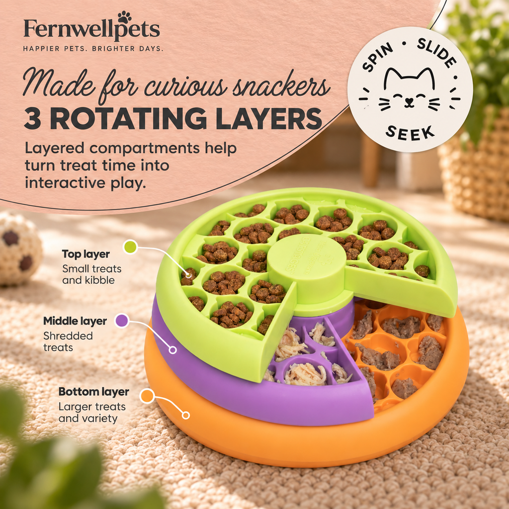 Three rotating layers of the Fernwellpets Kitty Layered Feast Puzzle Feeder