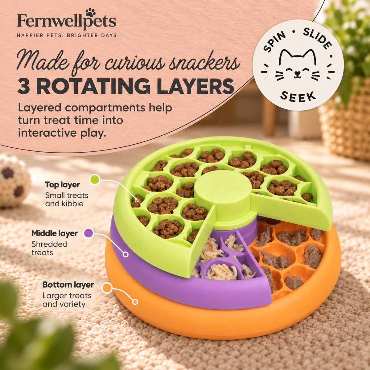 Three rotating layers of the Fernwellpets Kitty Layered Feast Puzzle Feeder