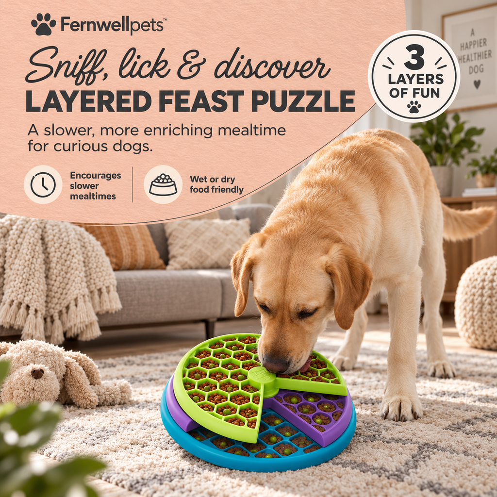 Fernwellpets Layered Feast Puzzle Feeder with dog