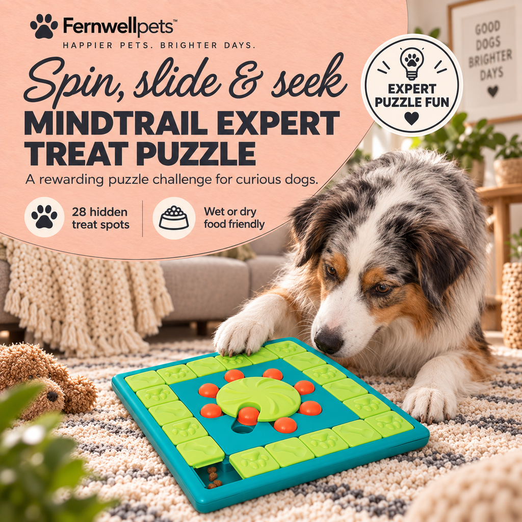 Dog playing with the Fernwellpets Mindtrail Expert Treat Puzzle