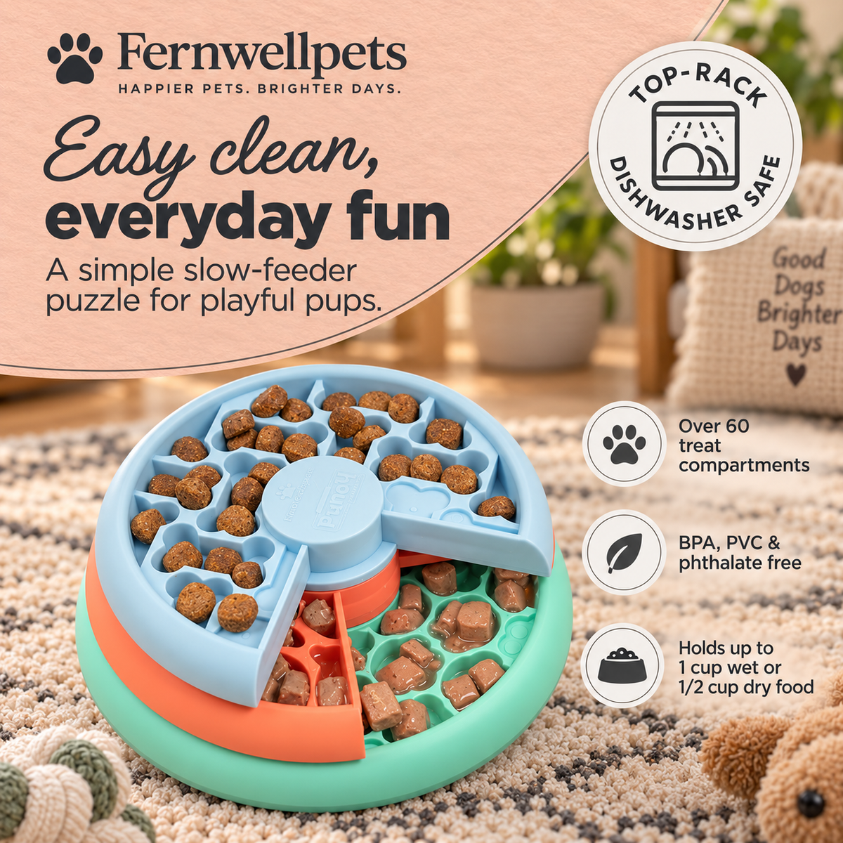 Fernwellpets Puppy Layered Feast Puzzle Feeder easy-clean product information