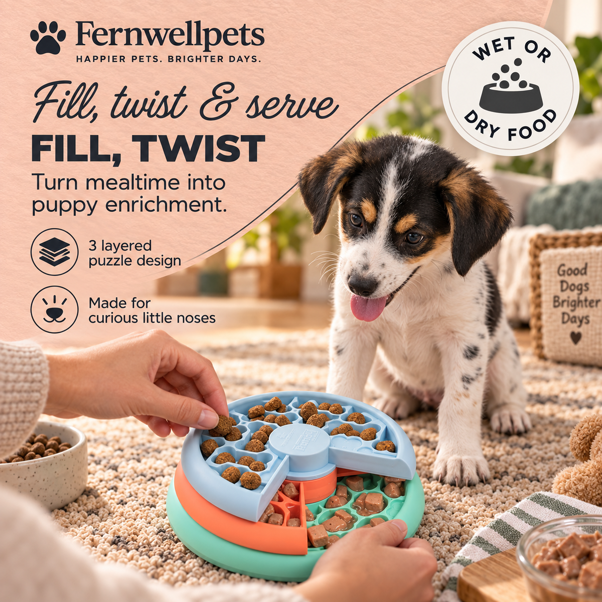 Puppy using the Fernwellpets Layered Feast Puzzle Feeder