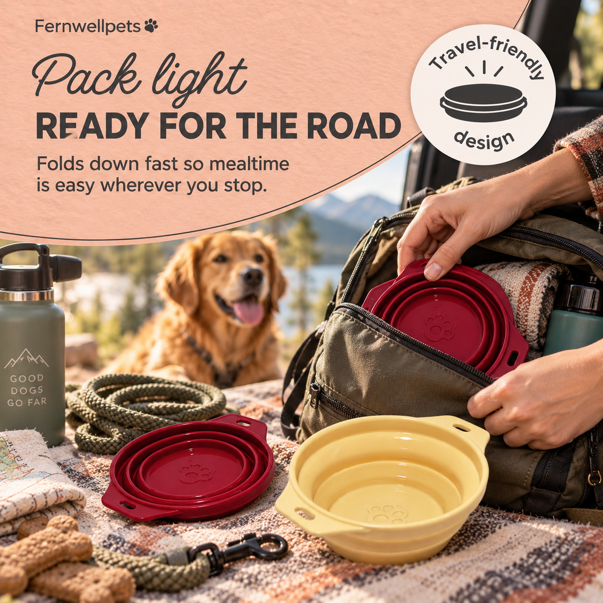 Fernwellpets Trailside Collapsible Travel Bowls packed for road trips