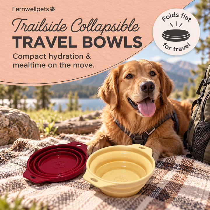Fernwellpets Trailside Collapsible Travel Bowls in red and yellow