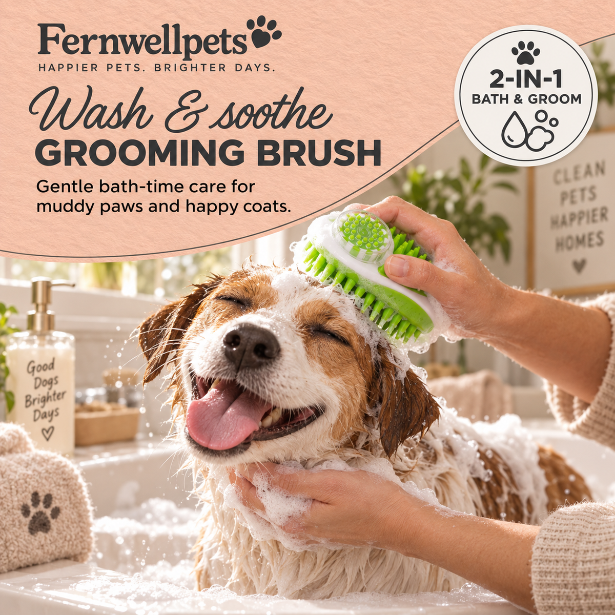 Fernwellpets Wash & Soothe Grooming Brush for bath-time care