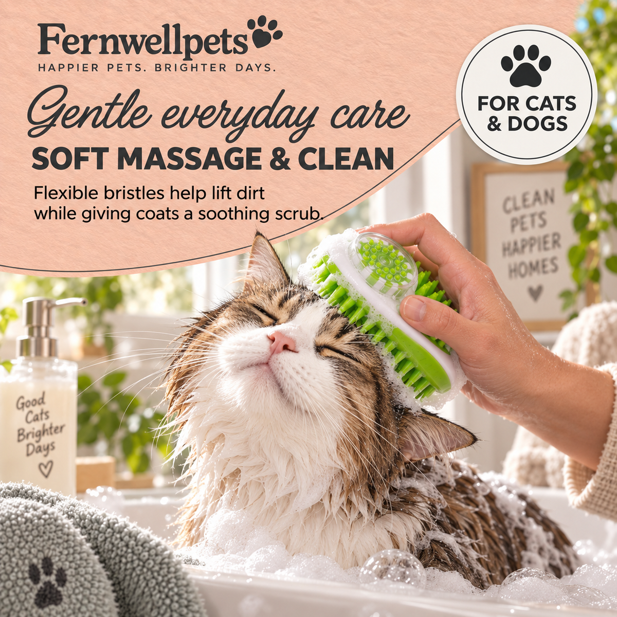 Fernwellpets Wash & Soothe Grooming Brush for gentle massage and cleaning