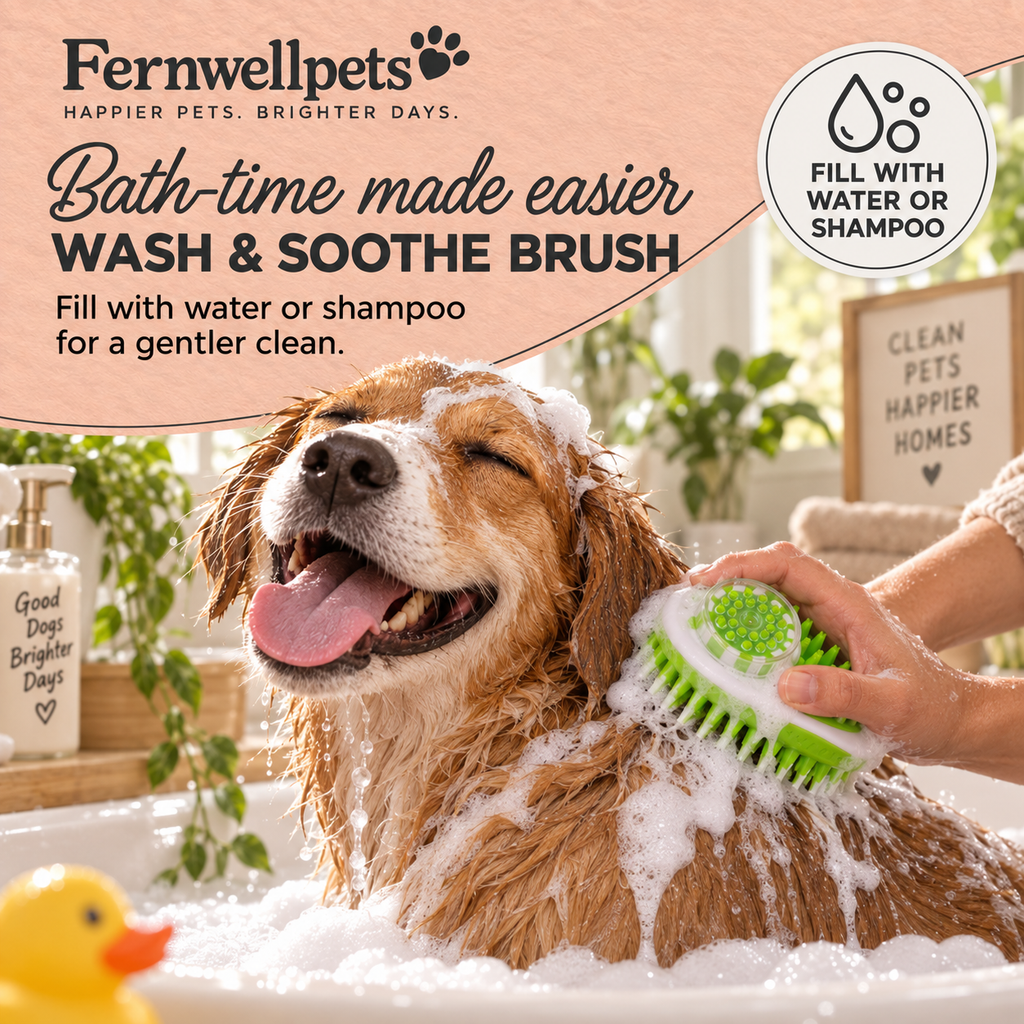 Fernwellpets Wash & Soothe Grooming Brush with water or shampoo