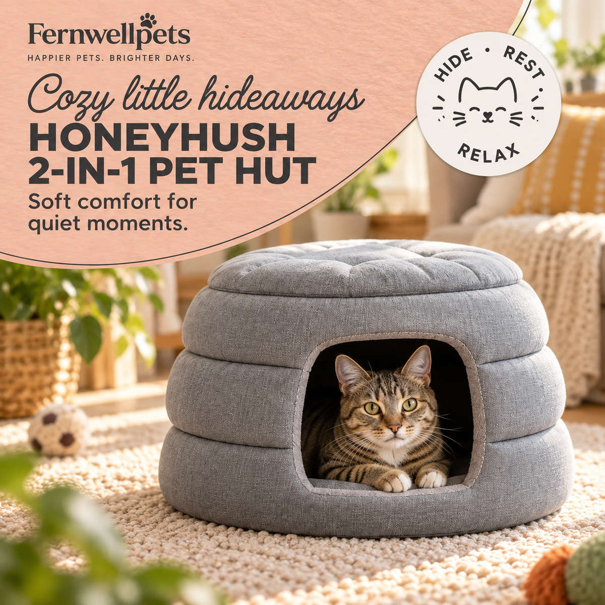HoneyHush 2-in-1 Pet Hut – Grey hero image in fernwellpets peach theme