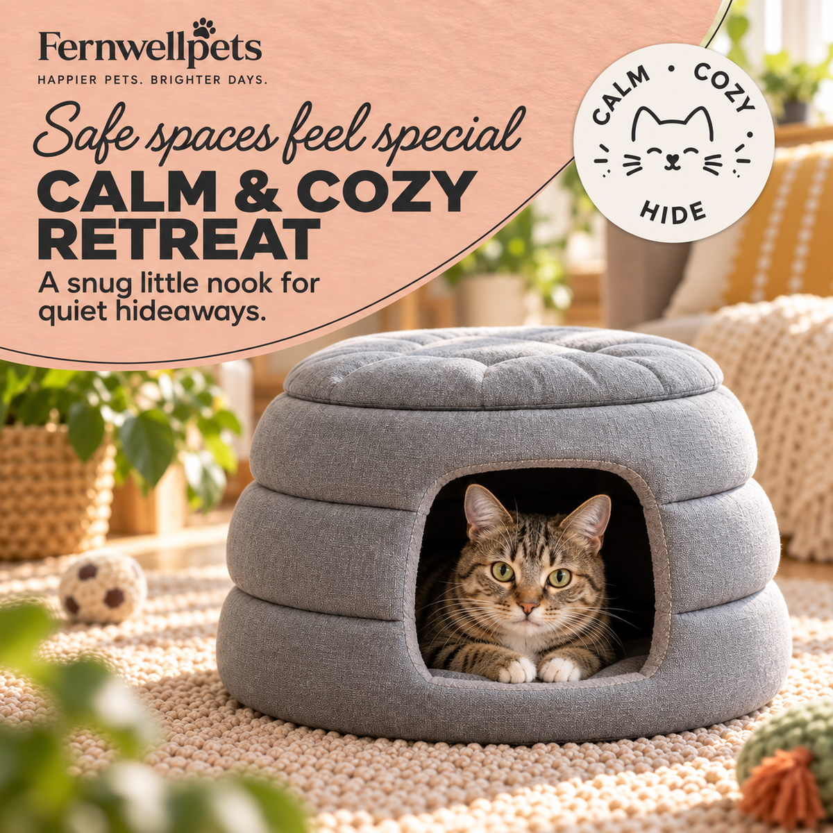 HoneyHush 2-in-1 Pet Hut – Grey cosy hideaway for cats and small dogs