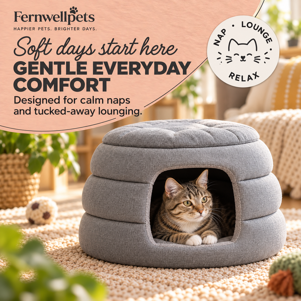 HoneyHush 2-in-1 Pet Hut – Grey everyday comfort lifestyle image