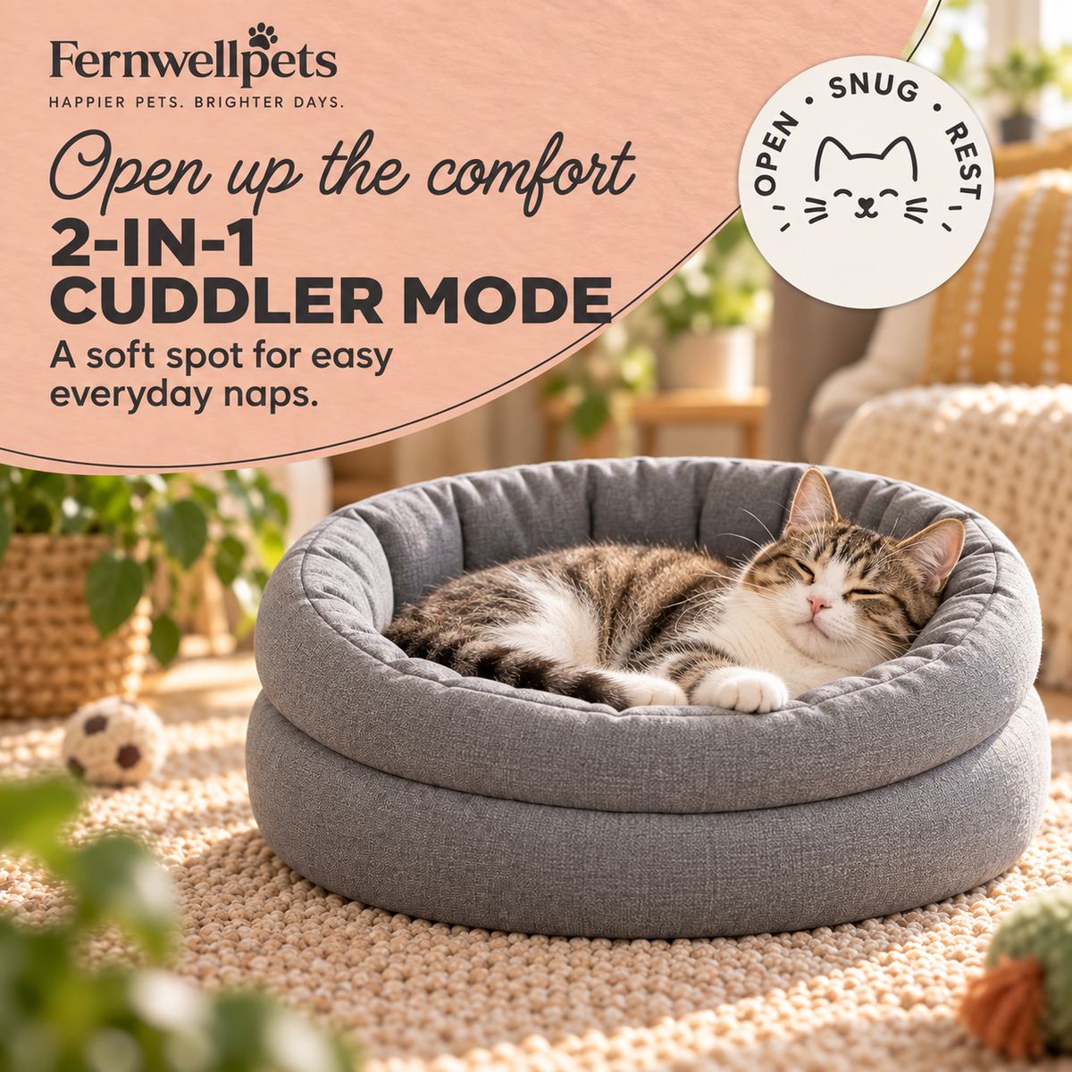 HoneyHush 2-in-1 Pet Hut – Grey shown in open cuddler mode