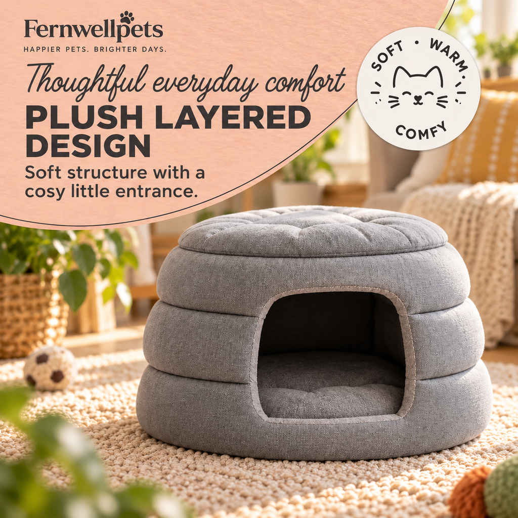 HoneyHush 2-in-1 Pet Hut – Grey showing its layered plush hut design