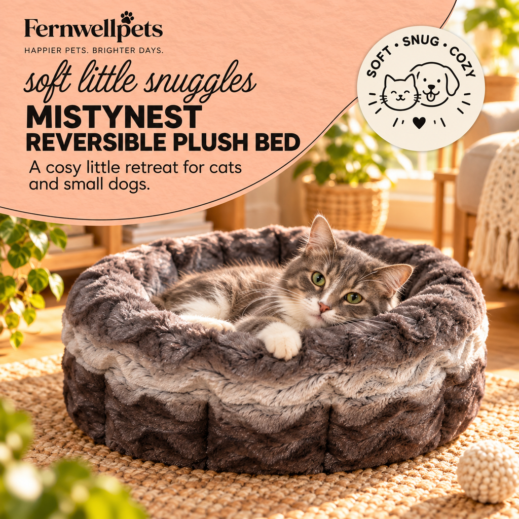 MistyNest Reversible Plush Bed Small with cat