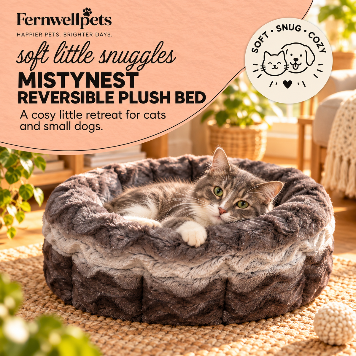 MistyNest Reversible Plush Bed Small with cat