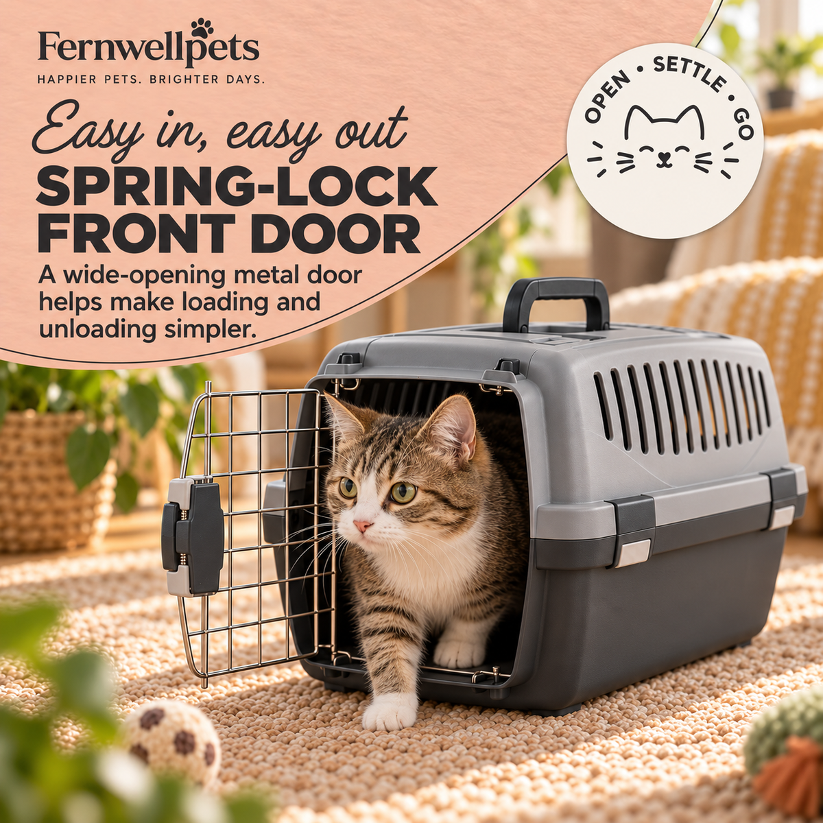 RoamReady Pet Carrier – Dark Grey spring-lock front door
