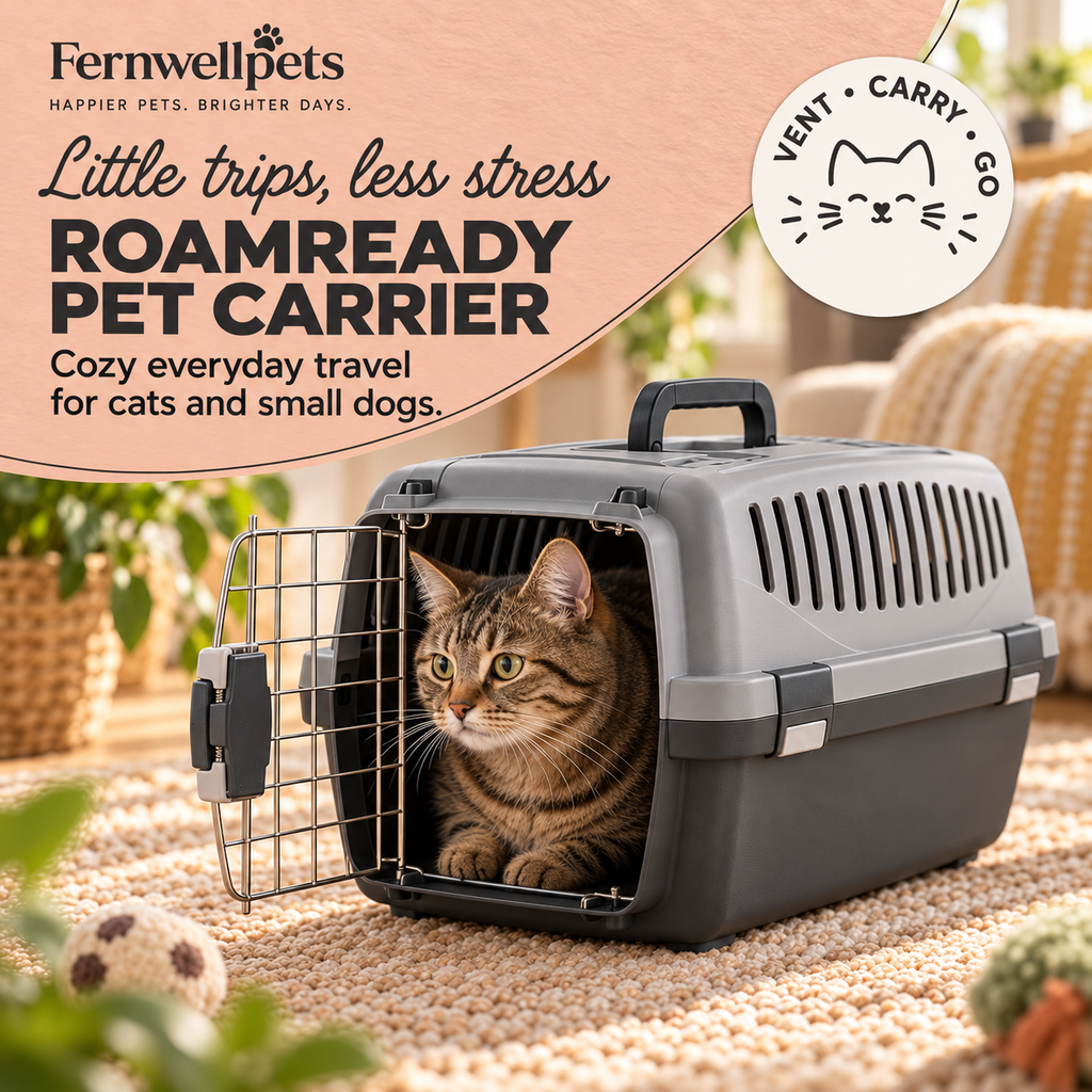 RoamReady Pet Carrier – Dark Grey hero image with cat in fernwellpets peach theme