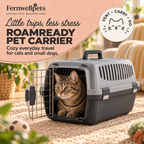 RoamReady Pet Carrier – Dark Grey hero image with cat in fernwellpets peach theme