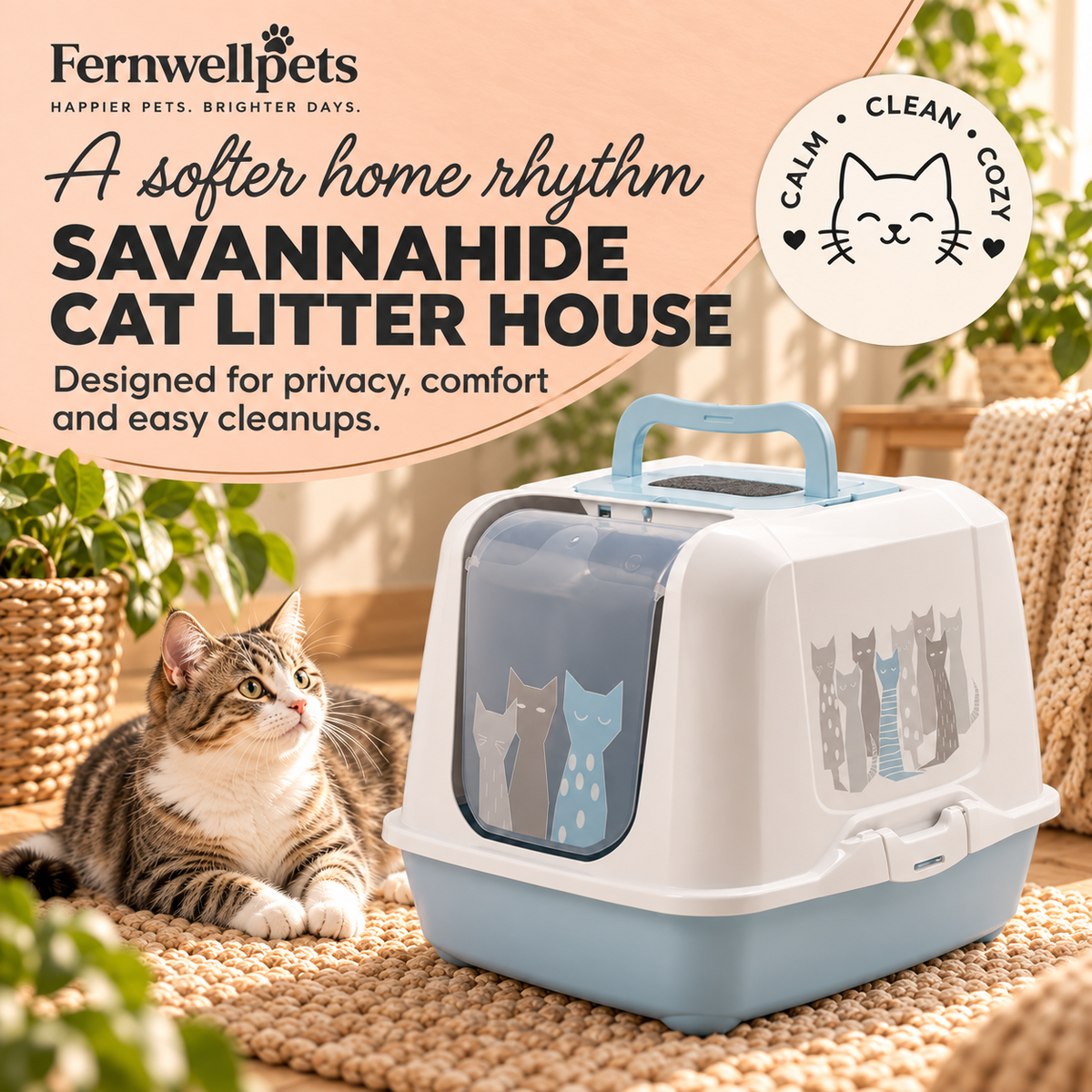 SavannaHide Cat Litter House cozy home lifestyle image in fernwellpets theme