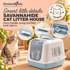 SavannaHide Cat Litter House detail image showing carry handle, scoop and filter