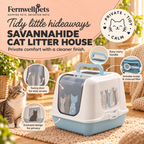 SavannaHide Cat Litter House feature image showing swing door, carry handle, scoop and charcoal filter