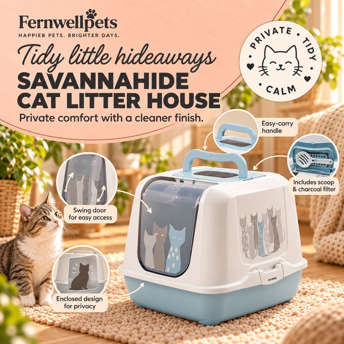 SavannaHide Cat Litter House feature image showing swing door, carry handle, scoop and charcoal filter