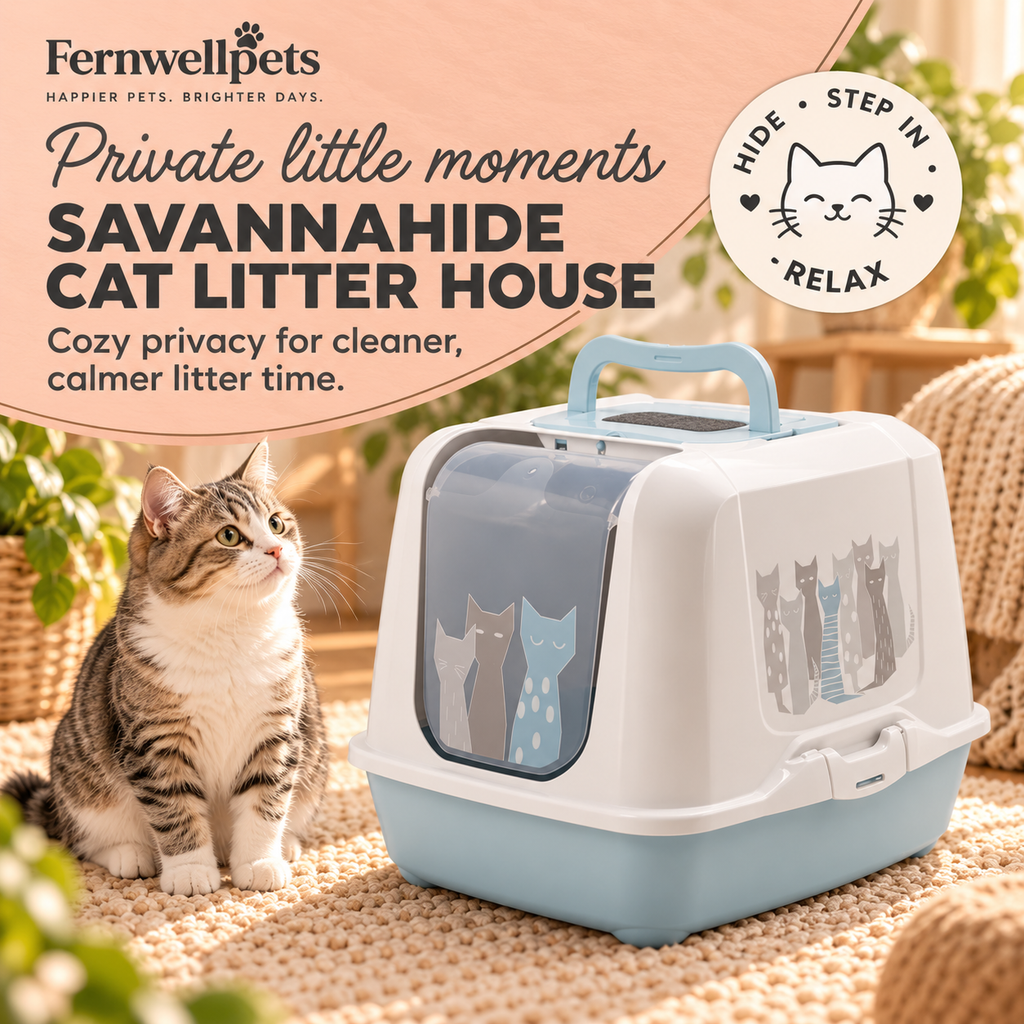 SavannaHide Cat Litter House hero image with cat in fernwellpets peach theme