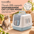 SavannaHide Cat Litter House hero image with cat in fernwellpets peach theme