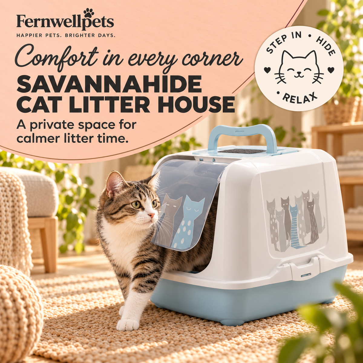 SavannaHide Cat Litter House lifestyle image with cat using the enclosed litter house