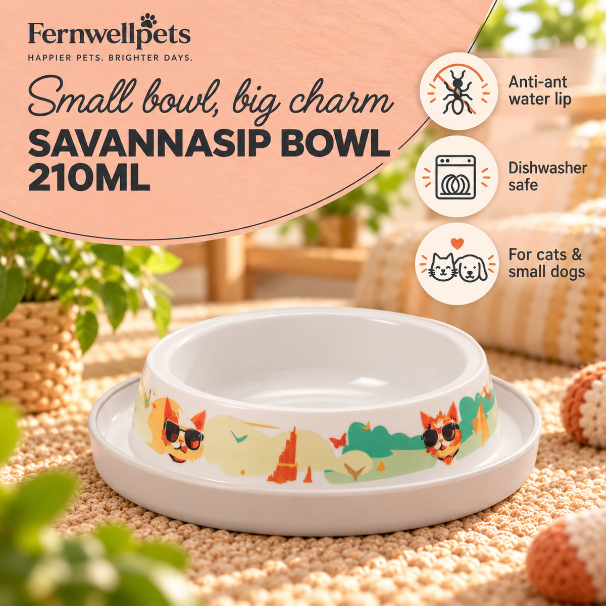 SavannaSip Bowl – 210ml feature image showing anti-ant lip and dishwasher-safe design
