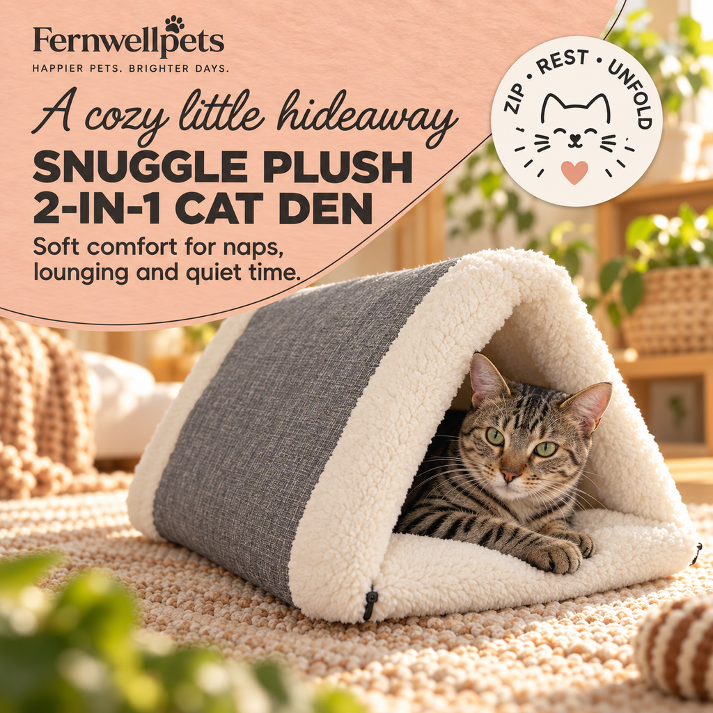Snuggle Plush 2-in-1 Cat Den hero image with cat in fernwellpets peach theme